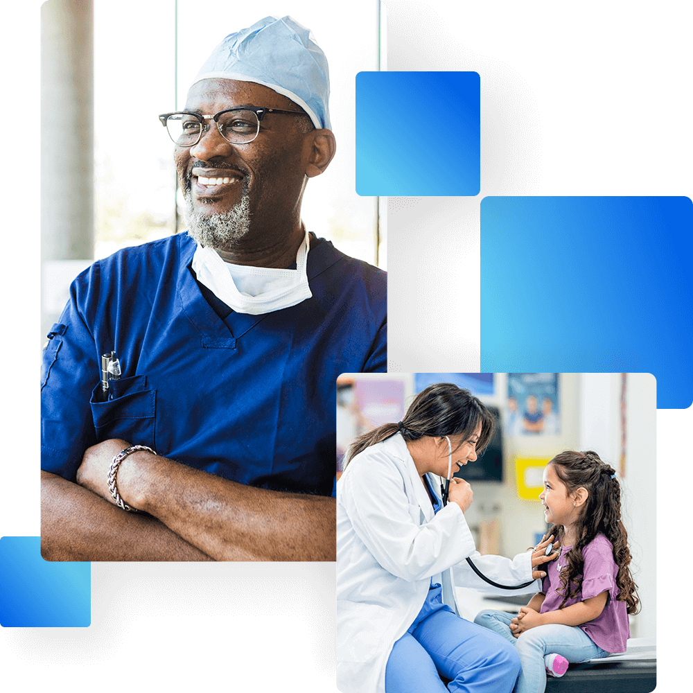 A smiling doctor in blue scrubs and glasses is in the foreground. In another smaller image, a female doctor checks a young girl's heartbeat with a stethoscope.